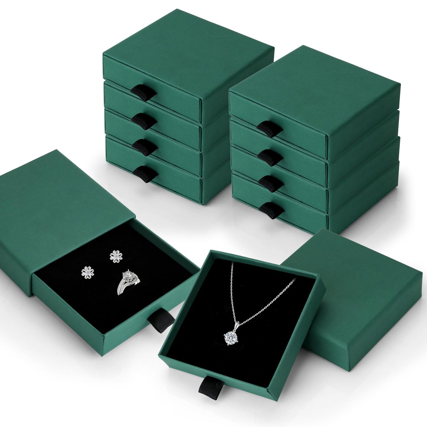 MATUFF Jewelry Boxes, 10 Pack 3.5" × 3.5" x 1" Bulk Sponge Fill Cardboard Jewelry Gift Boxes, Drawer Style Small Gift Boxes for Necklace Pendant Bracelet Ring Earring Display and Storage, Dark green