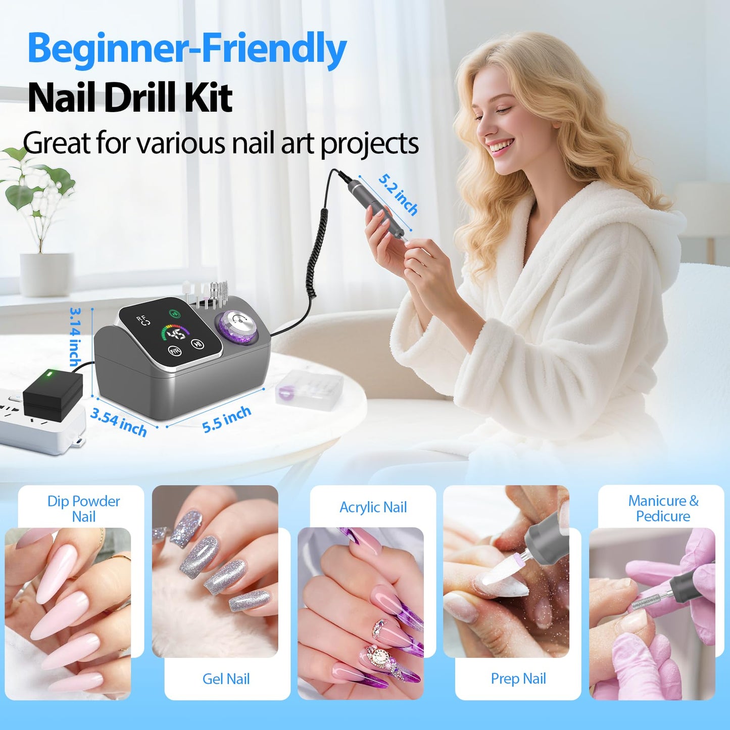 PYVOLA Professional Electric Nail Drill E-File Machine - 45,000 RPM Corded Nail Drills Kit with Low Noise & LED Display for Shaping, Removing & Polishing Acrylic Gel Nails for Salon Home