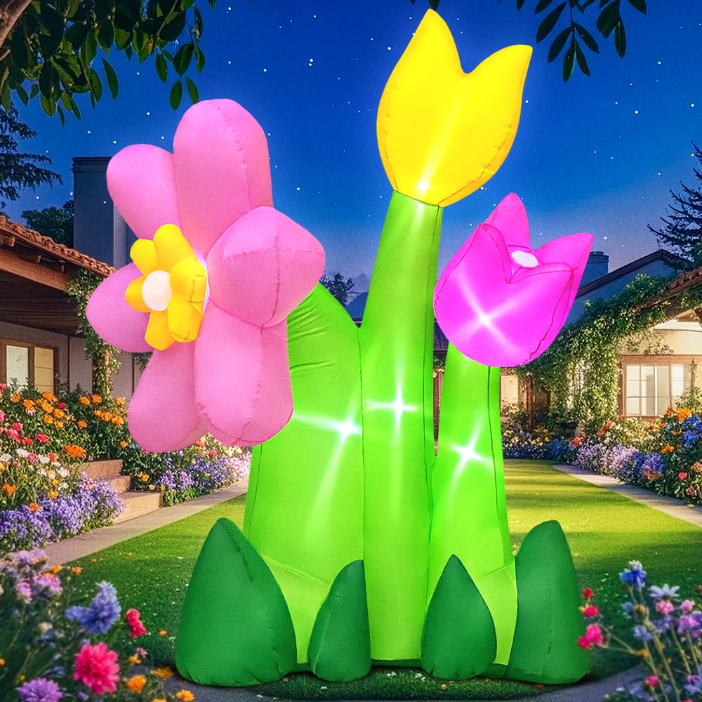 6FT Spring Easter Inflatable Flowers Outdoor Decoration Inflatables 3 Flowers Blow Up Inflatable Decoration Built-in LED Lights for Spring Easter Holiday Garden Lawn Party