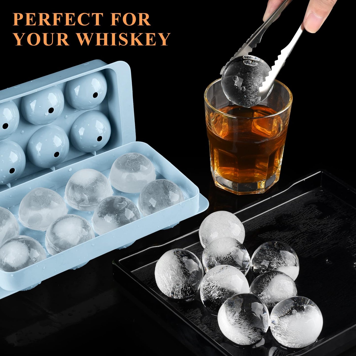 AIBIRUI Round Ice Cube Mold,8 PCS x 1.8 in Whiskey Ice Cubes,Circle Ice Cube Tray with Lid,Large Ice Ball Maker Mold Sphere Ice Cube,Large Ice Cube Molds for Cocktails,Coffee(Round Ice Cube Mold,Blue)