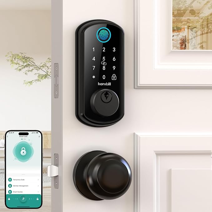 WiFi Smart Door Lock Set: Hornbill Keyless Entry Door Lock Deadbolt with Handle Set Fingerprint Front Door Lock with 2 Knobs Alexa Bluetooth Remote Code Auto Lock for Home Hotel Security Black