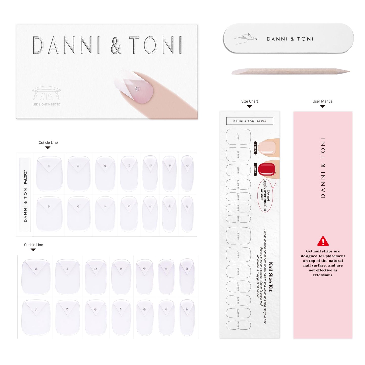 DANNI & TONI Semi Cured Gel Nail Strips White Tipped French Gel Nail Wraps 28 Stickers | Crisp Vow