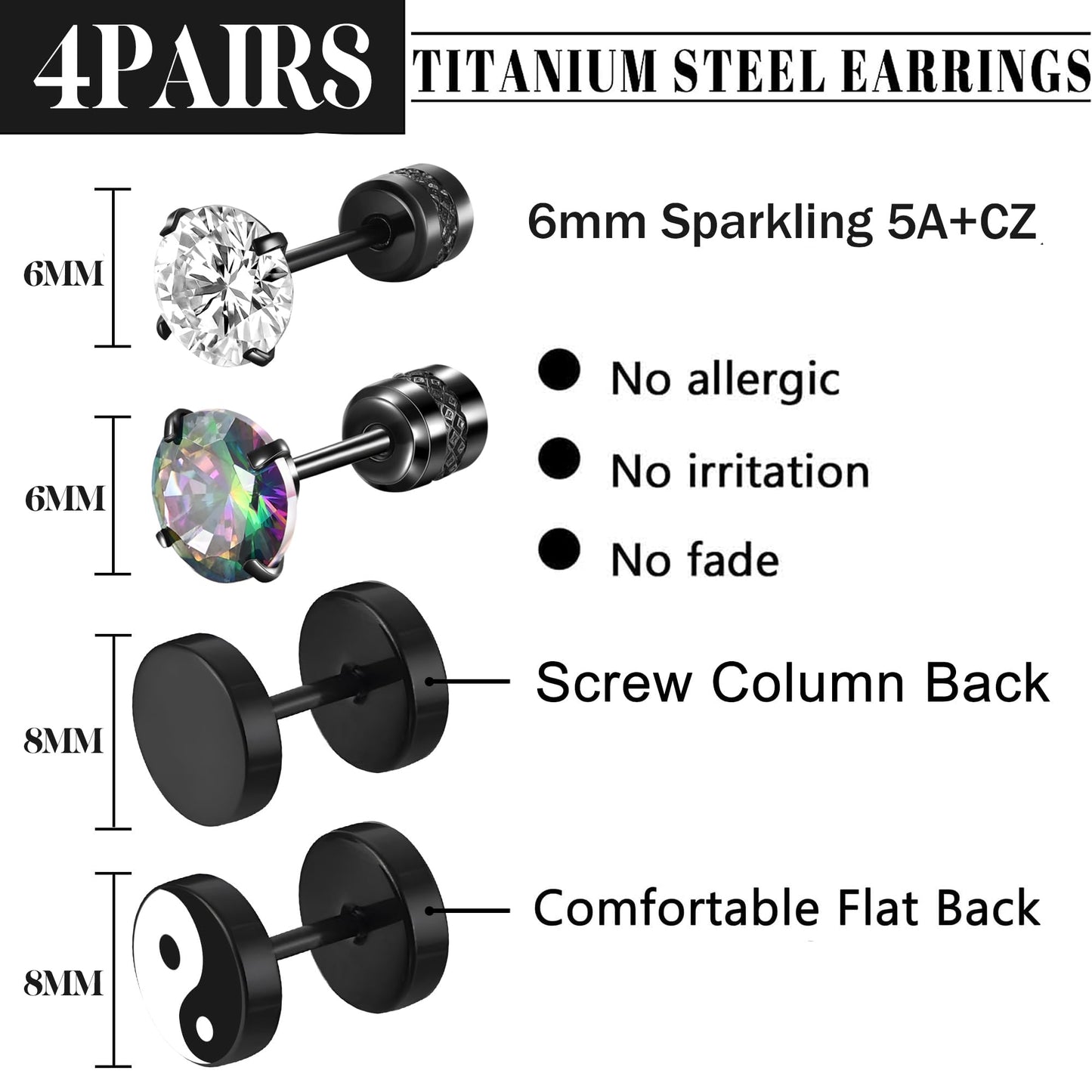 SIISPRI 4 Pairs Black Earrings for Men, Titanium Screw Back Surgical Stainless Steel Stud Earrings Rainbow 5A Cubic Zirconia Hypoallergenic Aritos Para Hombre Studs Jewelry Set for Men Women (Flat Back Stud Earrings-A)