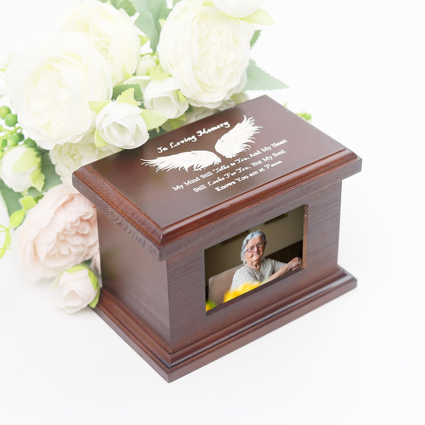 5.5 Inch Small Wooden Memorial Urn with Photo Frame, Keepsake Urn Box for Human/Pet Ashes - Wing