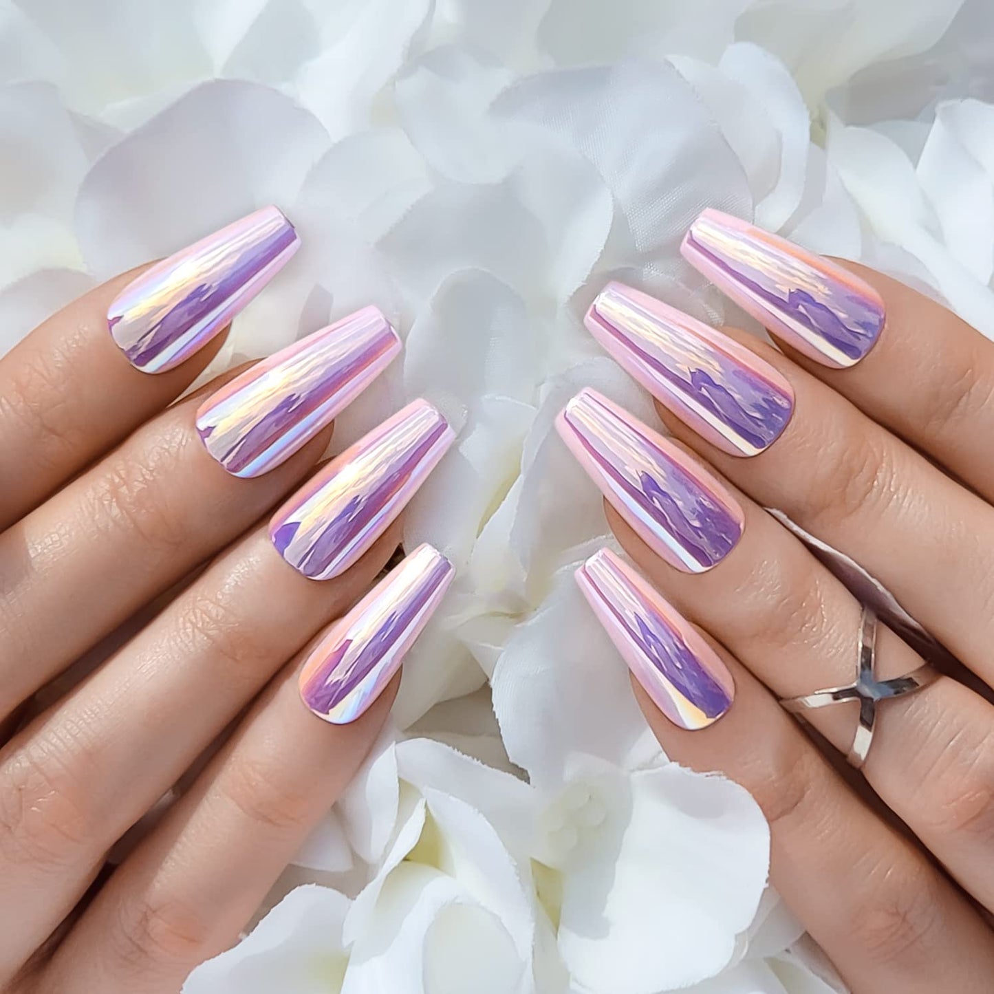 Hypnaughty Press On Nails - Party Star Coffin & Light Pink Almond Chrome, Trendy & Salon Quality Reusable Nails With Kit