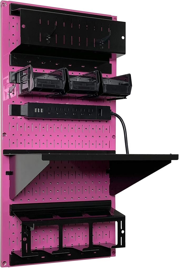 Wall Control Power Tool Storage Organizer Kit Cordless Drill Holder Charging Station Rack 16” x 32” Metal Pegboard Organization System (Pink Pegboard)