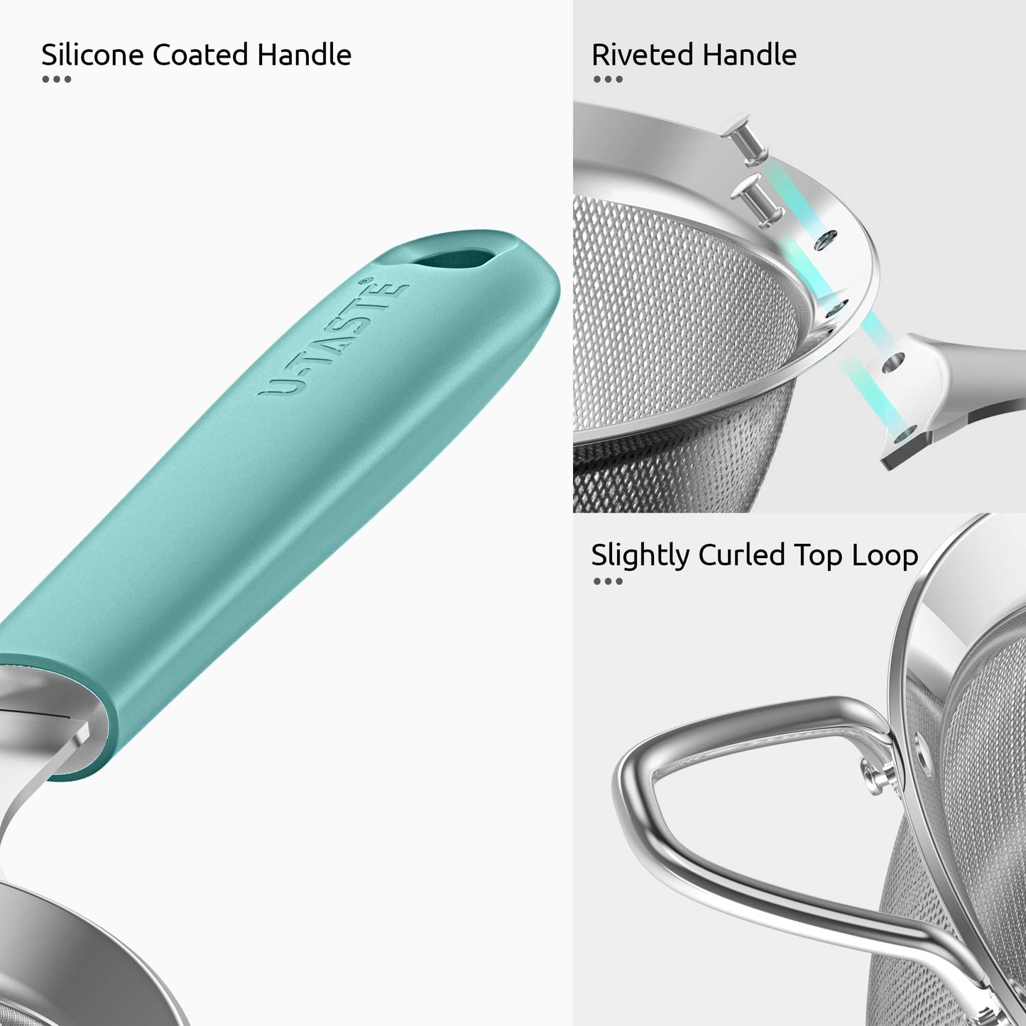 18/8 Stainless Steel Mesh Strainer: U-Taste 5.5 Inch Kitchen Fine Mesh Sieve Food Colander with Riveted Sturdy Silicone Handle and 30 Mesh Hole for Straining Flour, Pasta, Fruit, Quinoa(Aqua Sky)