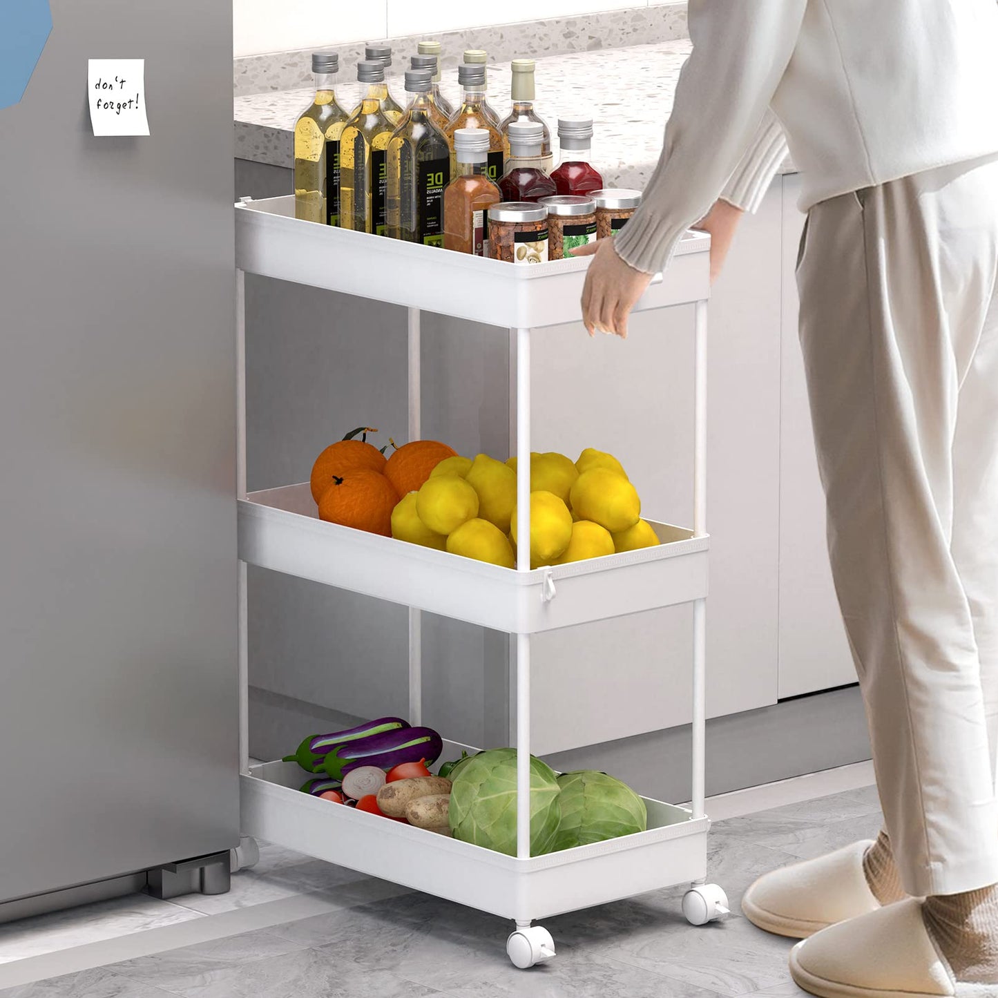 SPACELEAD 3 Tier Rolling Cart with Wheels, Storage Craft Art Trolley Organizer Serving, 3 Hanging Baskets Easy Assembly, for Office, Bathroom，Living Room, Kitchen, White