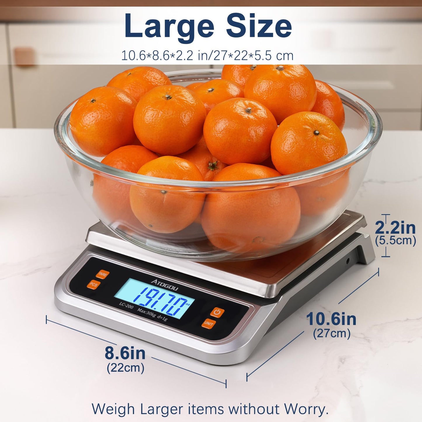 Atogou 88lb Food Scale, Commercial Kitchen Scale Plug-in Usable with Full View LCD Display, Stainless Steel, for Baking, Bread, Cooking, Meat, Vegetables, Farm, Industry LC200 Silver