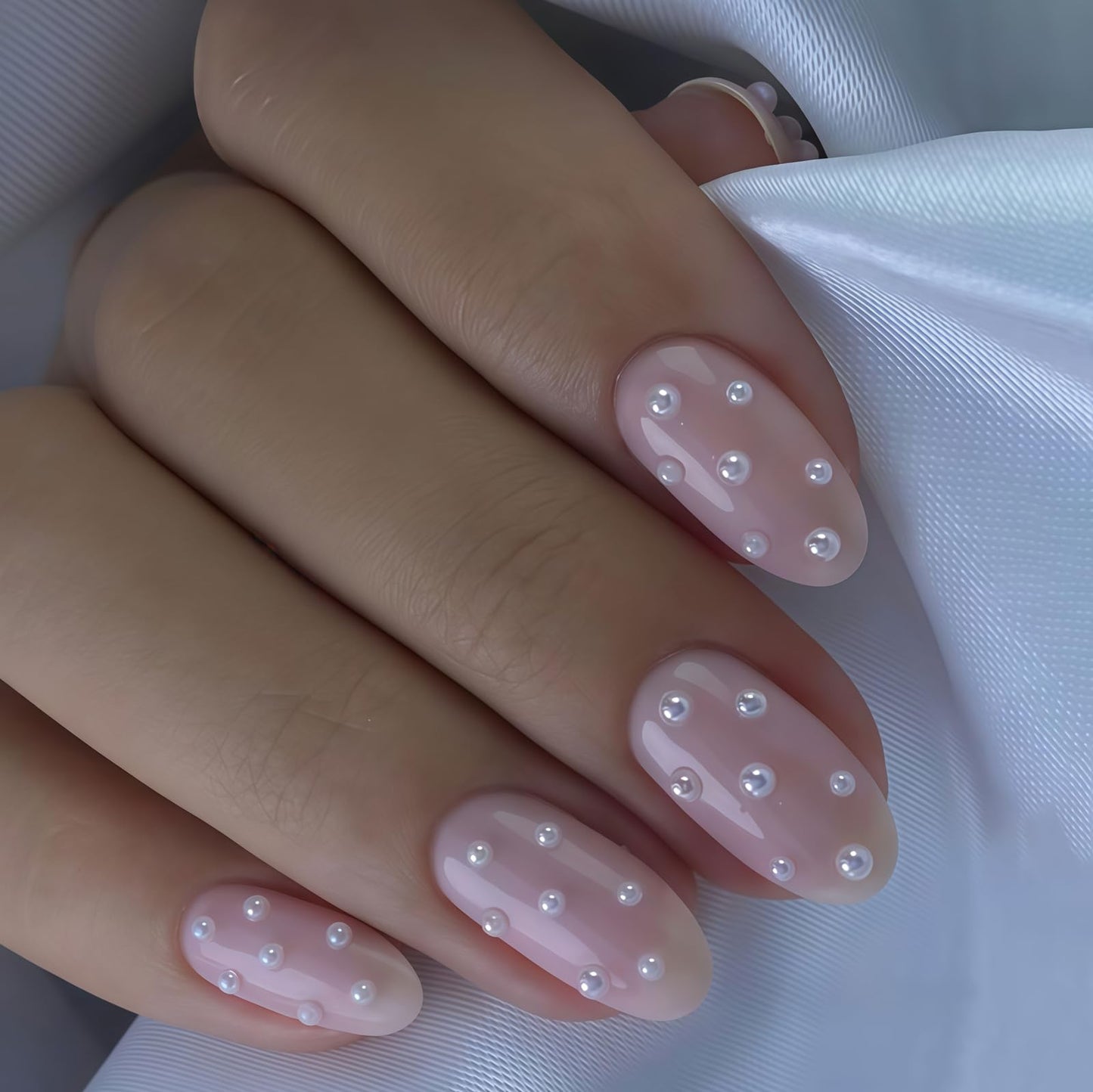 Pink Press on Nails Medium Oval Fake Nails Nude Nails Press ons with 3D Pearl Design,Cute Reusable Artificial Nail Full Cover Stick on Nails for Women Manicure 24Pcs