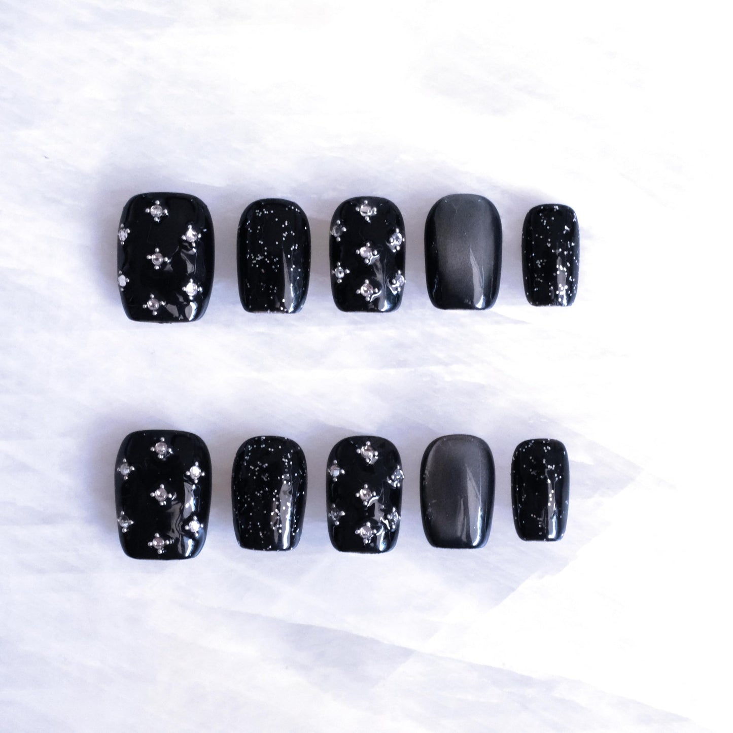 BlackStar - Handmade Press on Nails, Black Starry Sky with Cat Eye, Rhinestone Bling, Short Square Shape, 10PCS (XS Size, SS)