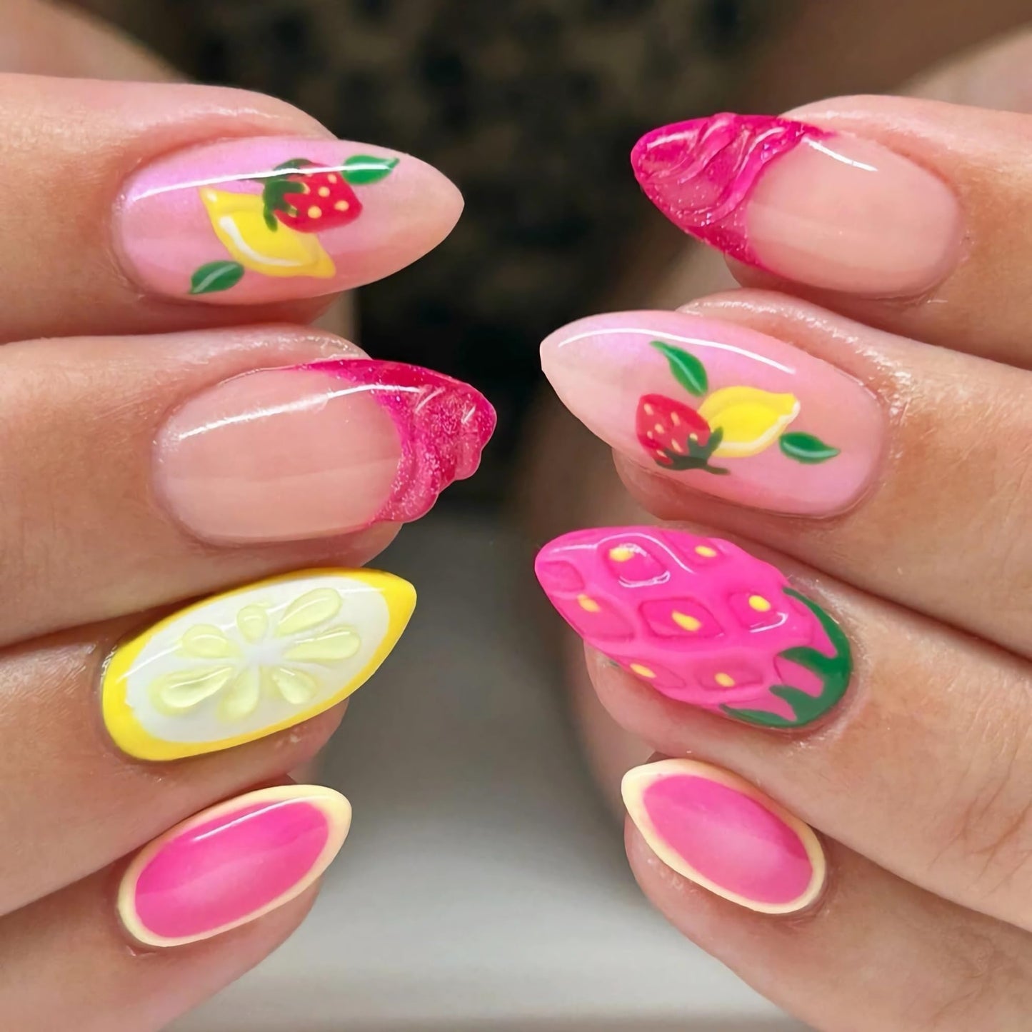 BABALAL Press On Nails, Medium Almond Fake Nails, Pink Yellow with 3D Strawberry Lemon & Bright Summe Design, Glossy Summer Fruit Kawaii Glue On Nails 24Pcs
