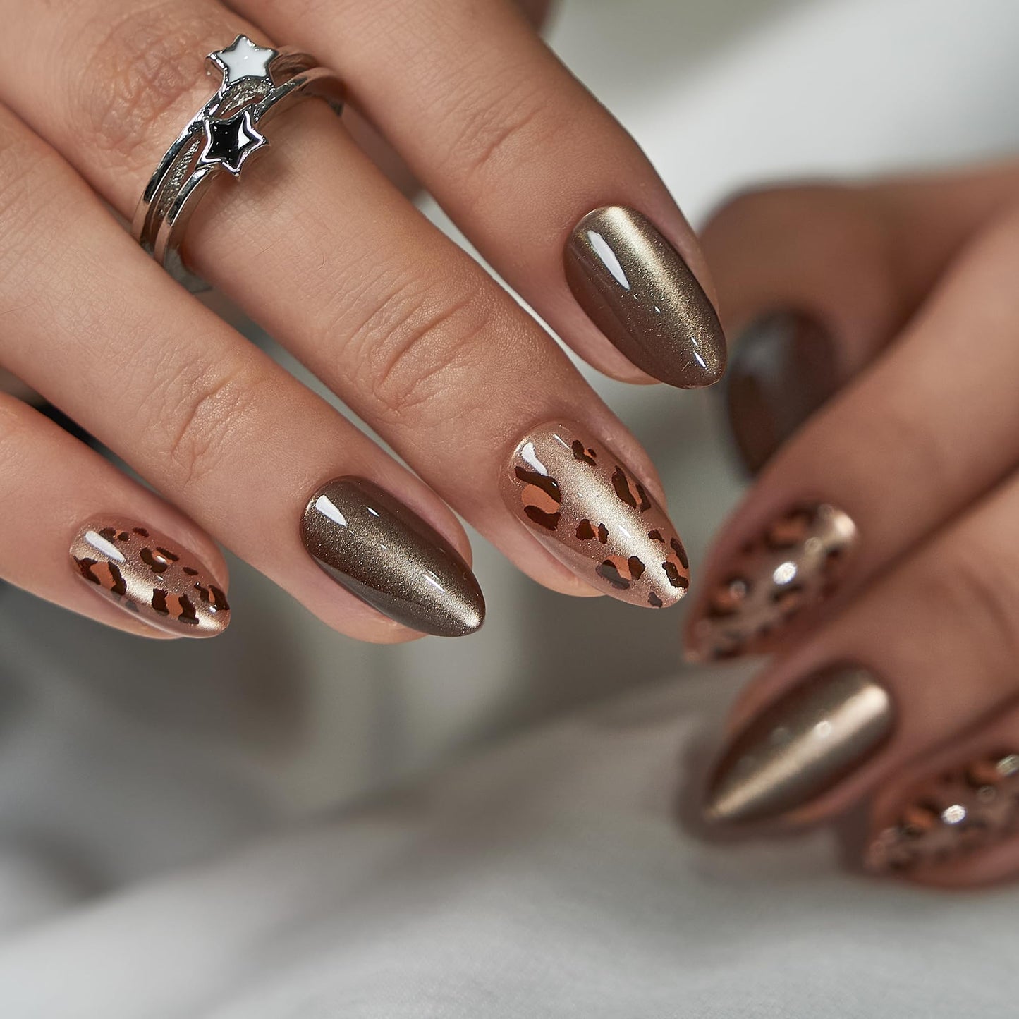 CurvLife Press On Nails Medium Almond – Bronze Brown Metallic Leopard Fake Nails, Reusable Soft Gel Glue On Nails with Adhesive Tabs, Natural Fit, Salon Quality for Women
