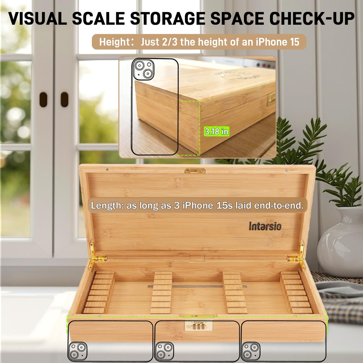 Upgraded Lockable Large Bamboo Knife Storage Box with Magnetic Removable Knife Blocks for Easy, Quick and Safe Culinary Tools Storage, Keyless Kitchen Combination Lock Box, Great Kitchen Gifts