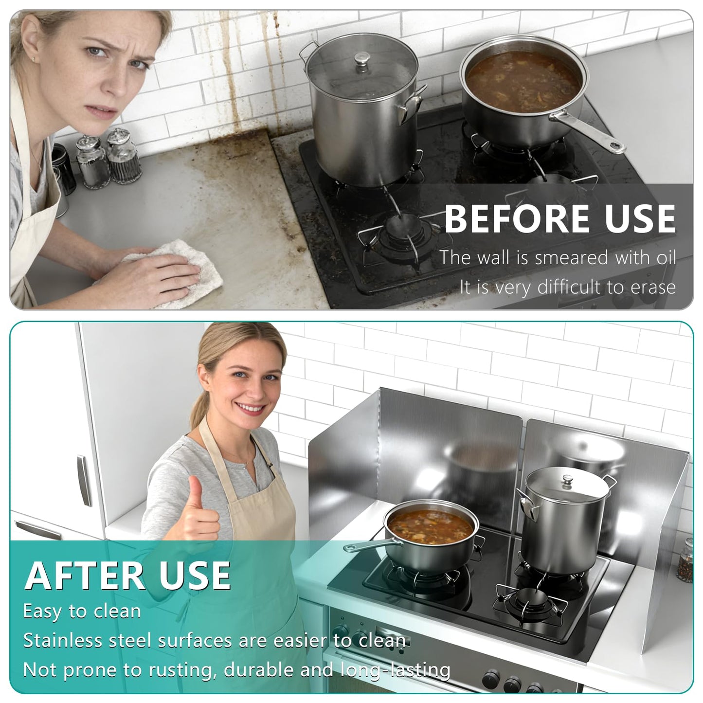 18"x16" Stove Splash Guard 2 Pack, Foldable Stainless Steel Backsplash, Heat Insulation Oil Splash Protector with Edge Guard for Kitchen Countertop