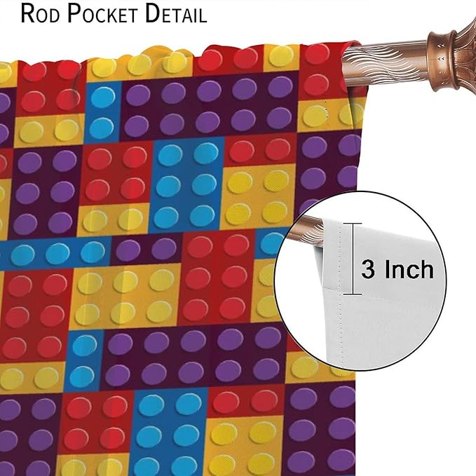 Building Block Colored Curtains, Children's Themed Curtains Collection Building Block Patchwork Cartoon Print Curtains, Light Trim 2 Panel Set Rod Pockets 72x63in