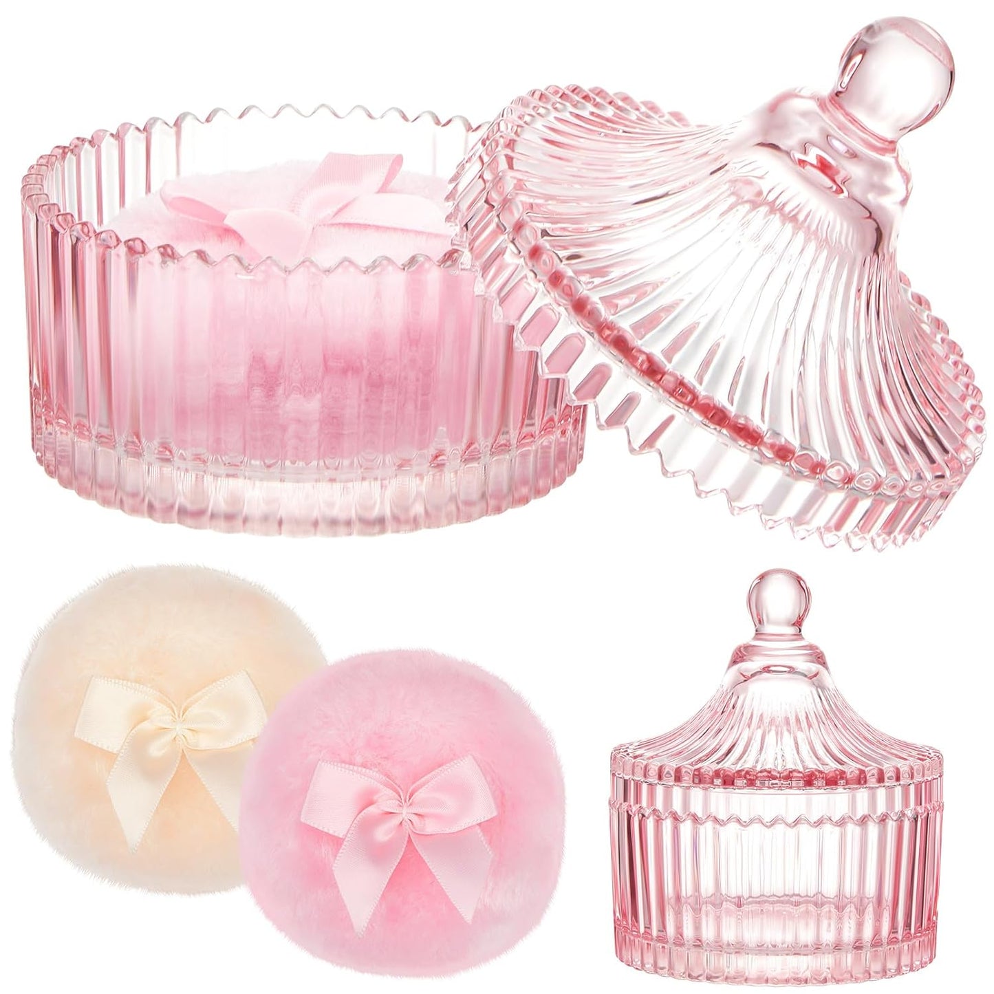 Tioncy 3 Pcs Large Body Powder Puff and Container Crystal Container Soft Washable Reusable Velour Face Body Glitter Powder Puff Wet Dry Makeup Simple Style (Pink)