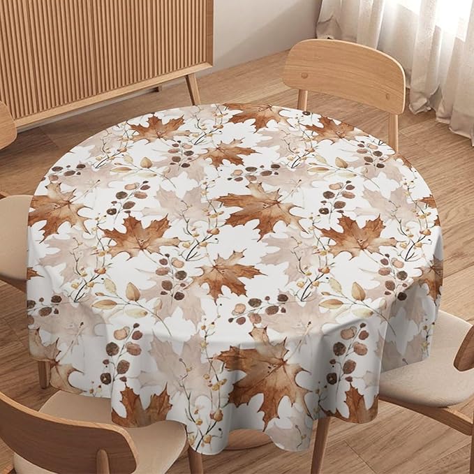 Thanksgiving Maple Leaves Tablecloth, Watercolor Autumn Harvest Fall Watercolor Blue Yellow Leaves Table Cover for Party Picnic Dinner Decor 70x70 Inch Round