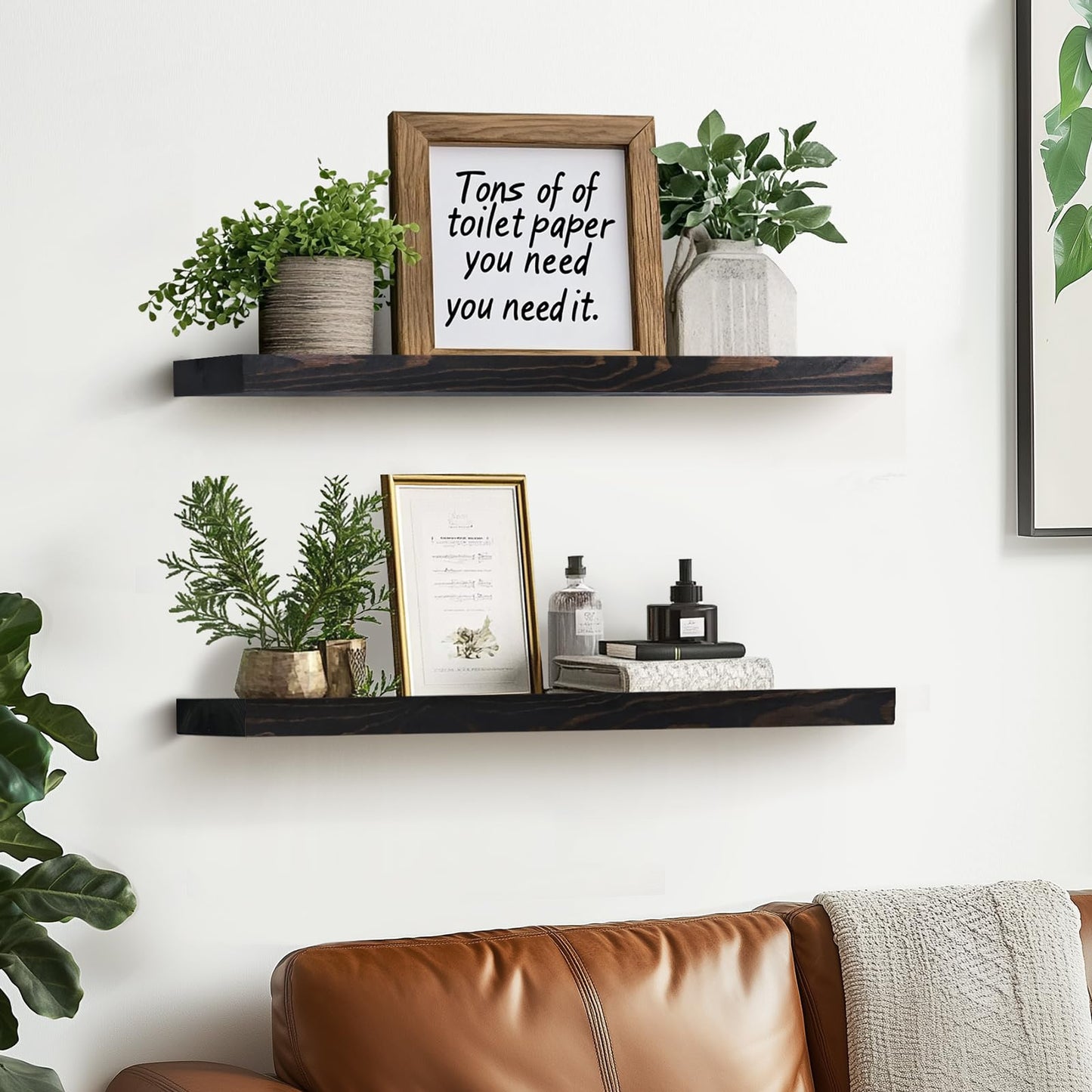 ABSWHLM 24"x6.8"x1.2" Solid Wood Floating Shelves 2-Pack - Rustic Black Finish with Hidden Brackets, Perfect for Storage and Décor in Living Room, Kitchen, Bedroom