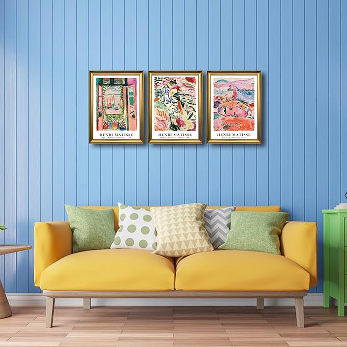 Wieco Art Framed Canvas Wall Art 3 Piece Henri Mattise Art Abstract Colorful Matisse Posters Canvas Prints for Wall and Home Office Decorations Bronze Gold Frame