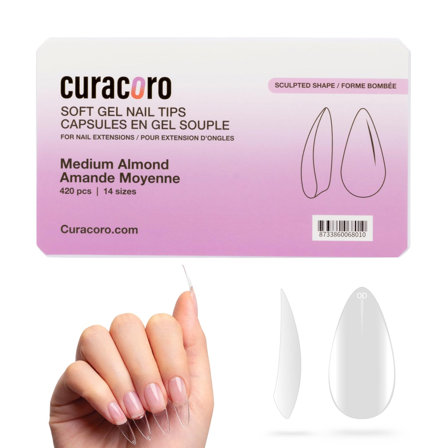 Curacoro Sculpted Medium Almond Gel Nail Tips 420Pcs, Clear Full Cover Soft Acrylic Tips 14 Sizes, Easy to Use, Long-Lasting, Glossy Finish