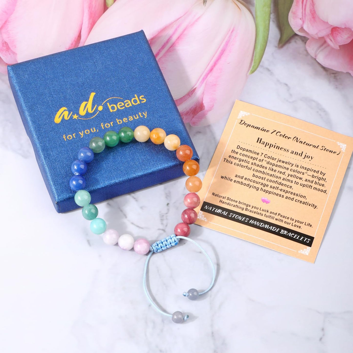 AD Beads 8mm Dopamine 7 Color - Happiness and Joy - Handmade Natural Stone Crystal Bracelet with Adjustable Macrame String - Yoga Healing Power Energy Gifts for Men and Women
