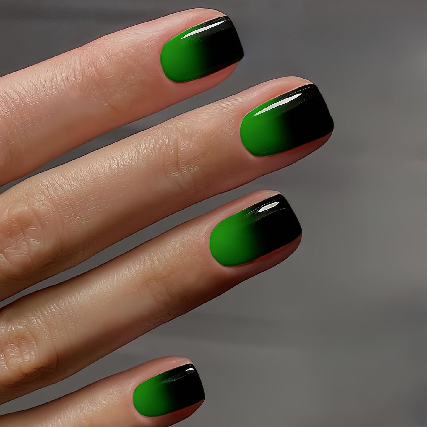 Ombre Press on Nails Short Square, Short Fake Nails Glue on Gradient Green Black Nails Press ons, Soft Gel Glue on Stick on Nail for Women 30 Pcs 15 Sizes