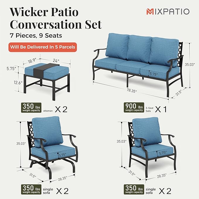 Patio Furniture Set 7 pcs, Outdoor Patio Furniture, 3-Seat Sofa, 2 Single Chairs, 2 Rocking Chairs, 2 Ottomans and 5.75" Extra Thick Cushion, Conversation Set for Deck,Navy Blue