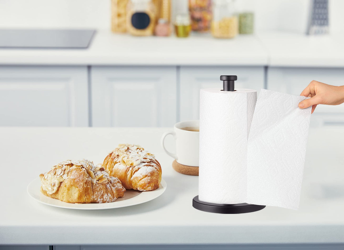 Black Standing Paper Towel Holder for Kitchen& Bathroom Countertop,Under Counter, Table Or BBQ, Standard or Jumbo-Sized Roll Paper (with Stainless Steel Base)