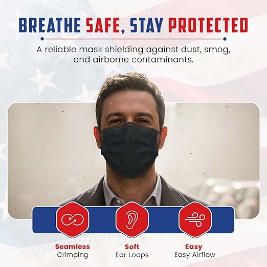 Amerishield ASTM Level 2, Made in The USA, Disposable Face Mask, FSA/HSA Eligible, 4 Layer, Breathable & Comfortable for Allergy and Sun Protection, 50 Pack