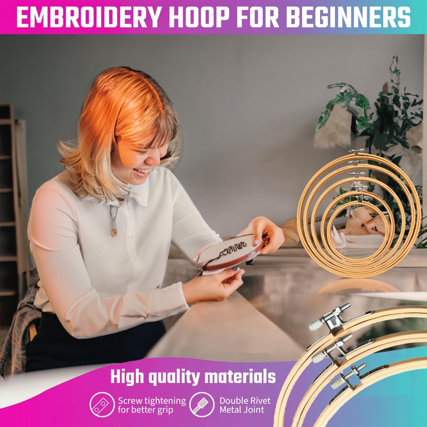 Embroidery Hoops 3 Pack Set: Premium Bamboo Wood Rings with Metal Tension Screw Brackets for DIY Cross Stitching, Sewing, Embroidered Craft Projects, Sizes 5, 7, 8, 9, & 10 in Diameter