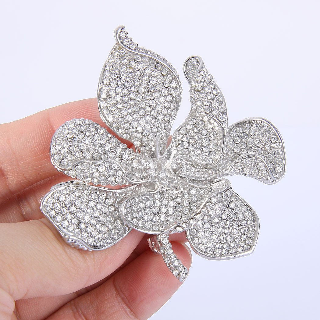 EVER FAITH Women's Austrian Crystal Orchid Flower Petal Brooch Clear Silver-Tone