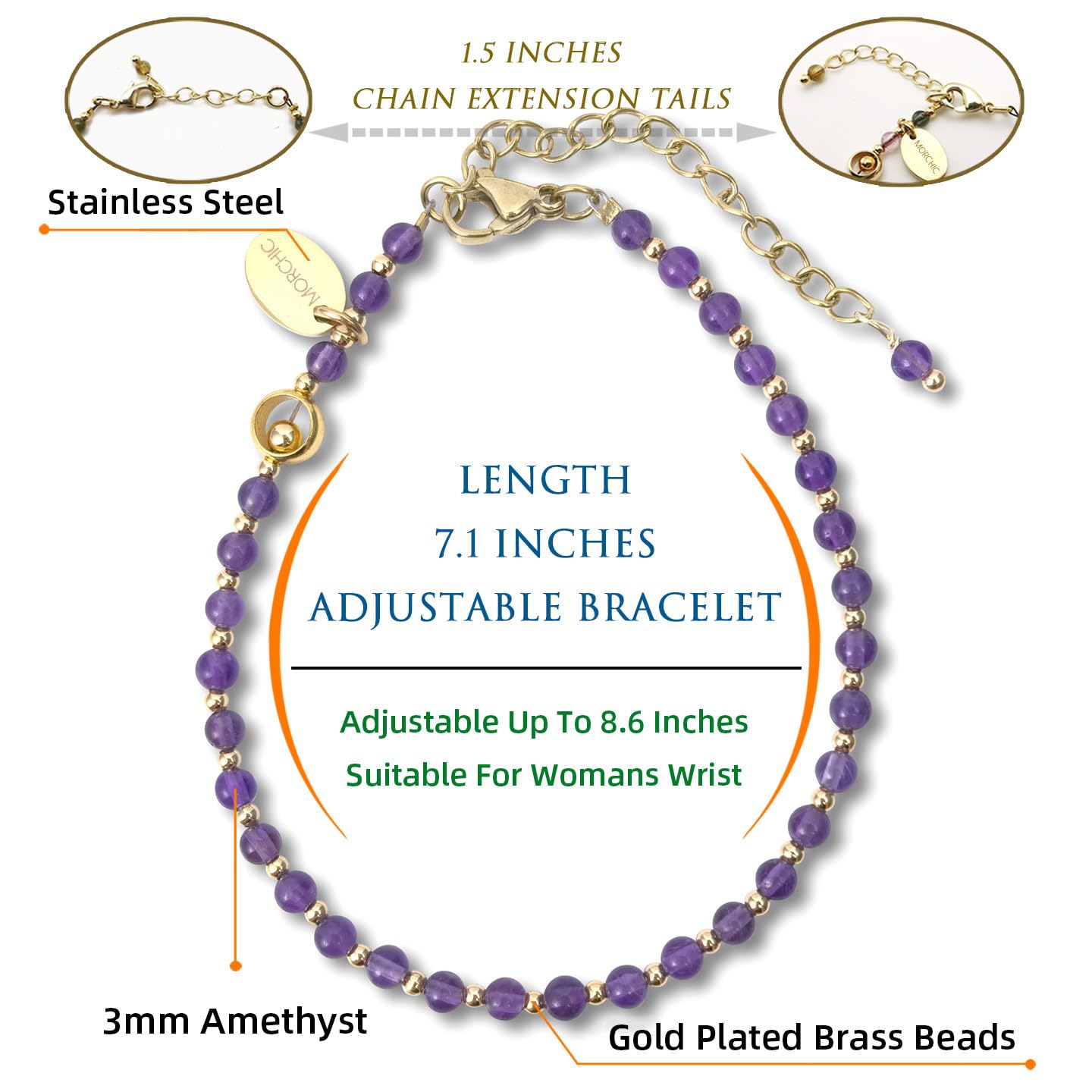 Morchic 3mm Purple Amethyst Quartz Natural Gemstone Beaded Bracelet for Women, Dainty Charm Jewelry, Adjustable 7.1-8.6", Ideal Birthday Holiday Gift