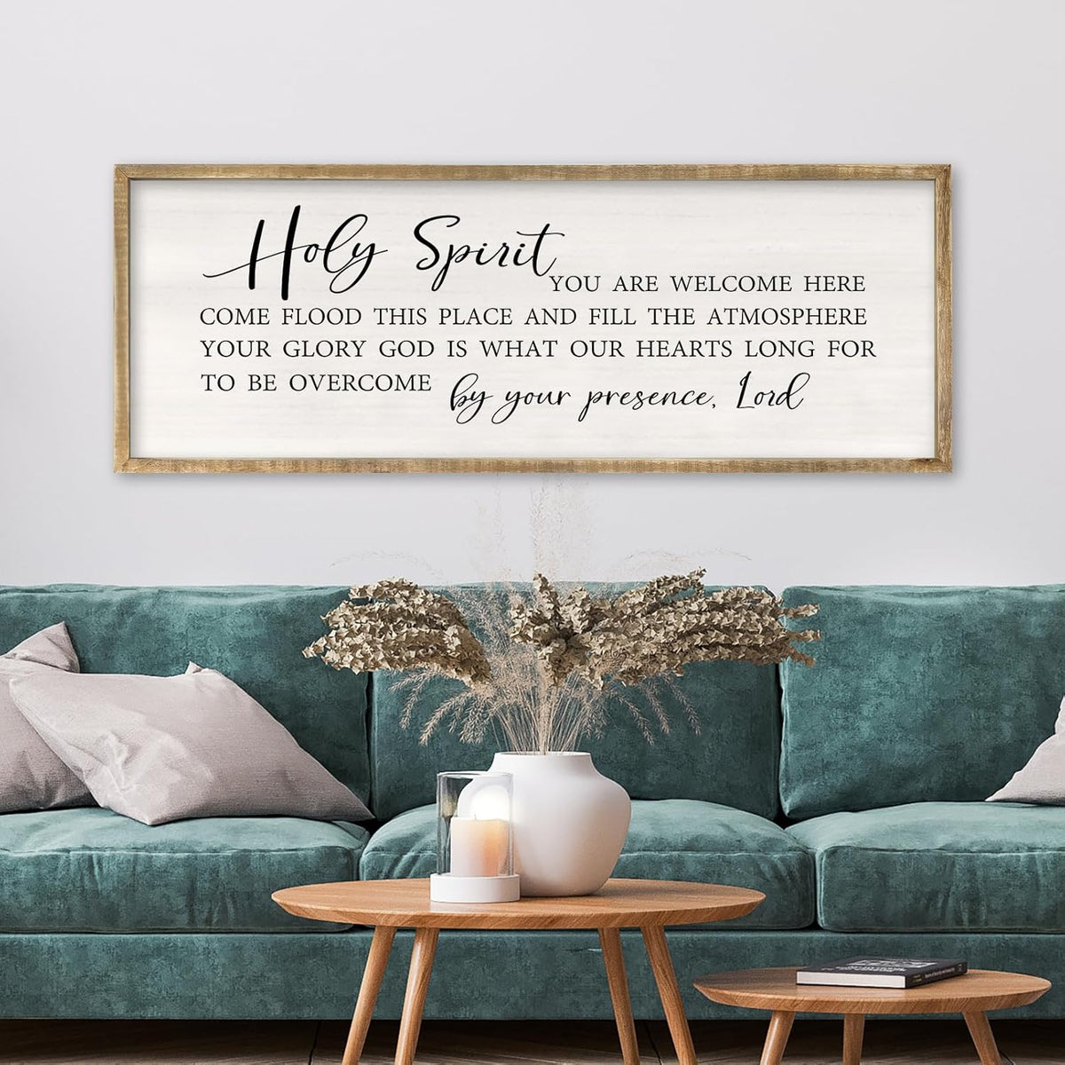 Holy Spirit You are Welcome Here Wall Decor Art 40x15 Inch Large Christian Song Bible Verse Plaque Wood Framed Sign Living Room Scripture Quote Religious For Office Wall Hanging (Wood)