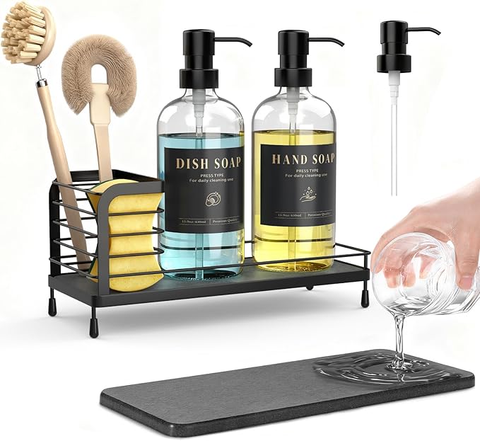 Luxspire Kitchen Soap Dispenser Set - 17oz Hand and Dish Soap Dispenser Set with Fast Drying Tray, Glass Bottle with Waterproof Labels, Kitchen Sink Organizer, Bathroom Countertop Organizer, Black