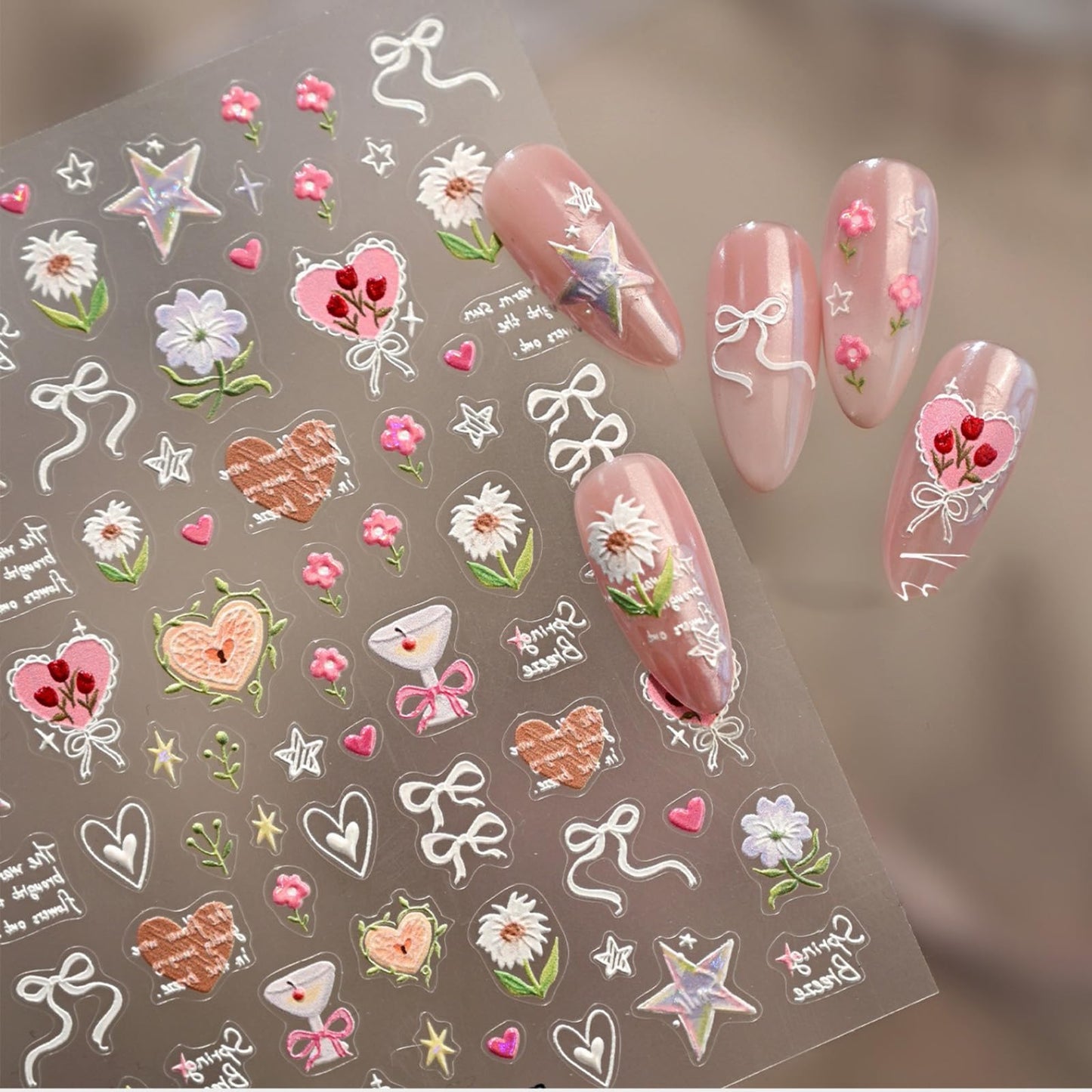 Flower Nail Stickers Decals Heart Nail Stickers for Nails Art 5D Embossed with Design Self Adhesive Spring Summer Nails Decals for Women Manicure Decoration Accessories