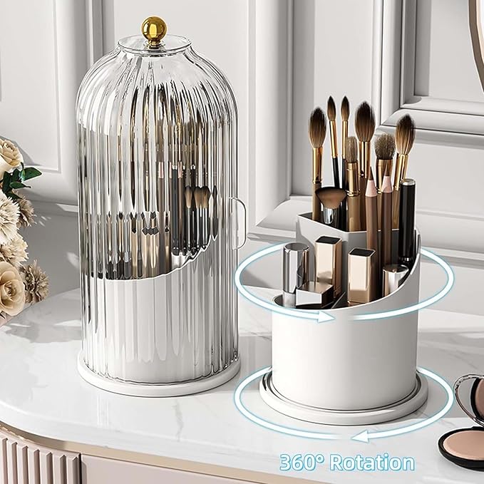 Sliding Lid Toothbrush Organizer, Toothbrush Holders with Sliding Lid, 360° Rotating Dustproof Concealed Toothbrush Holder, 3-Slot Varying Heights, Ideal for Bathroom, Makeup & Travel (Black)