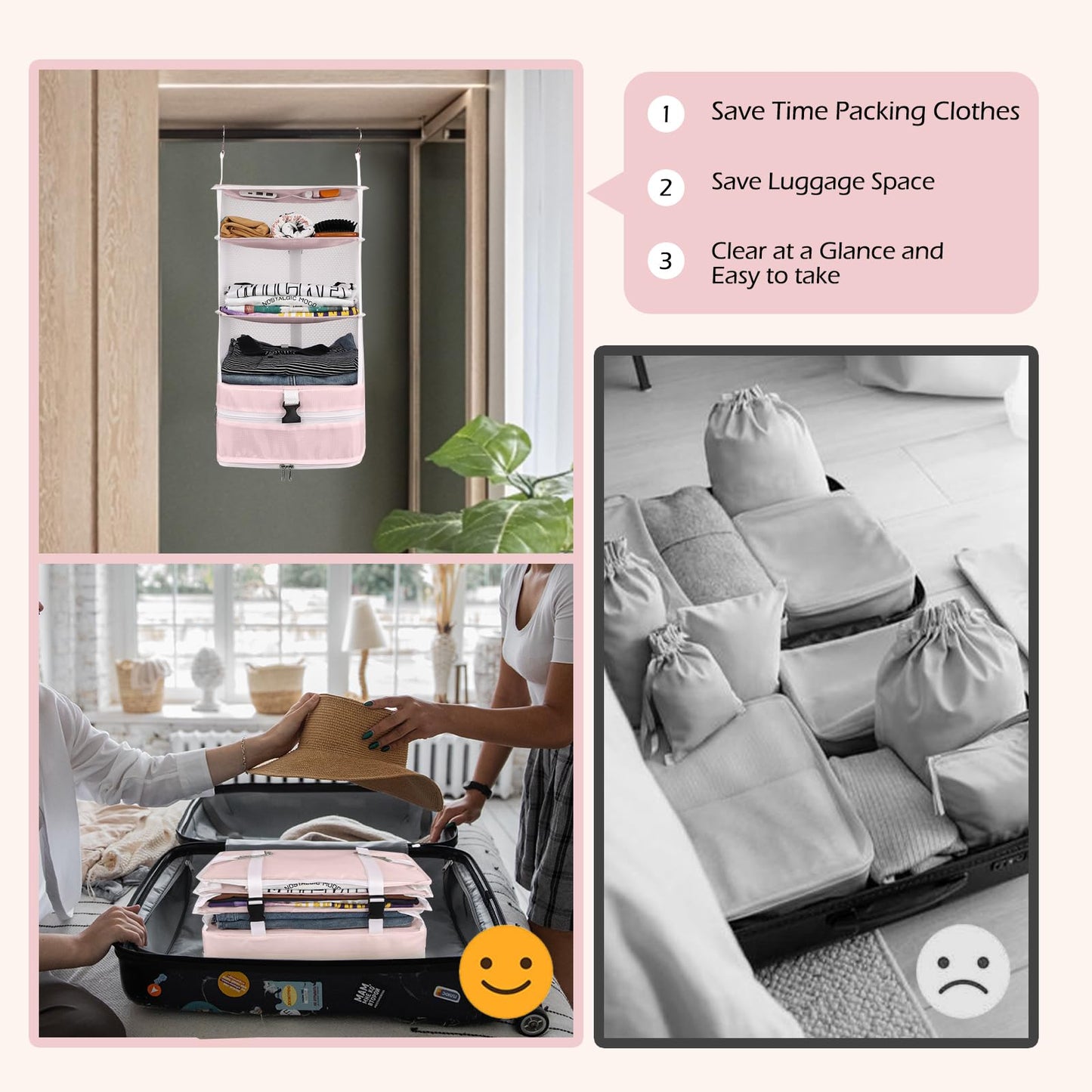 Surblue Hanging Closet Storage Bag Collapsible 3-Shelf Washable Oxford Fabric with 2 Hooks (L 11.41 * 11.41 * 19.68in, Pink)