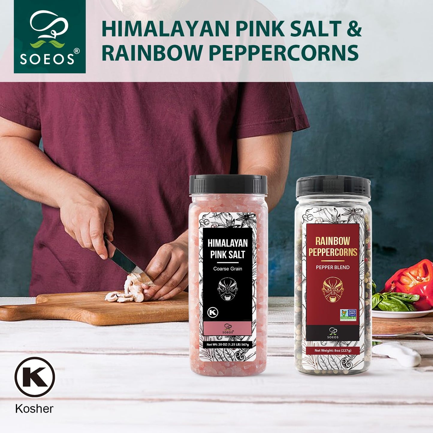 Soeos Himalayan Pink Salt and Rainbow Peppercorn Grinder Refills, 18oz Salt & 8oz Peppercorns, Kosher Seasoning Set for Cooking