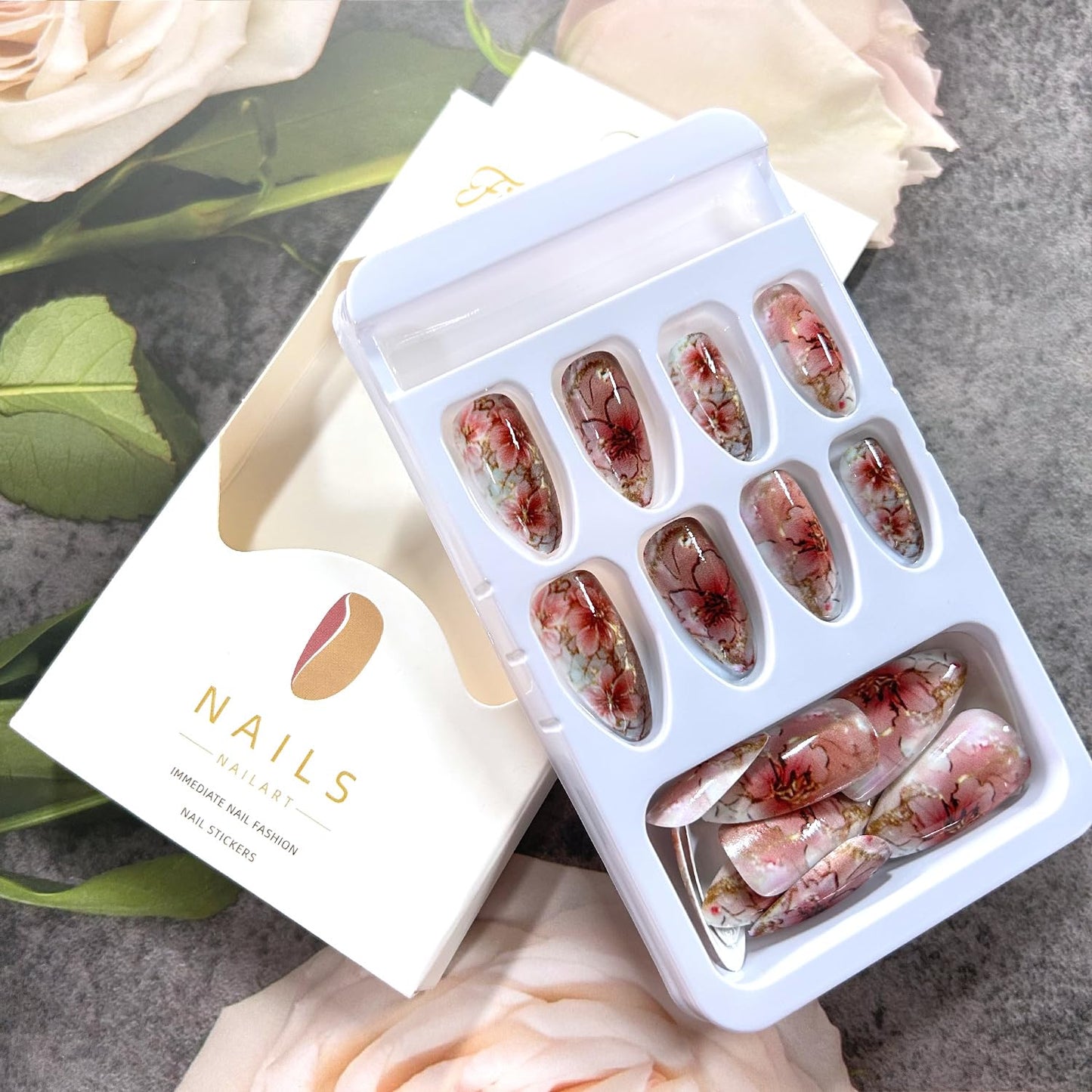 CJDLTS Flower Press on Nails Medium Almond Pink Floral Pattern Design Full Cover Glossy Acrylic Fake Nail Blossom Stick on Nail 24Pcs Reusable Press Ons Glue on Nails for Women