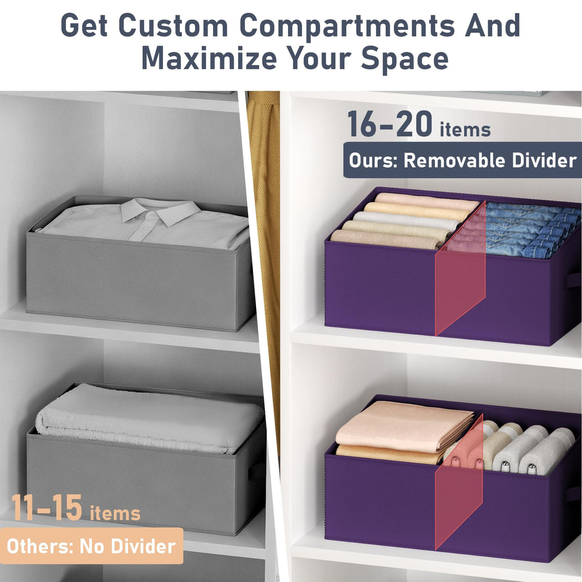 Large Closet Shelf Organizer Bins 6 Packs with Handles and Divider (6 Count)
