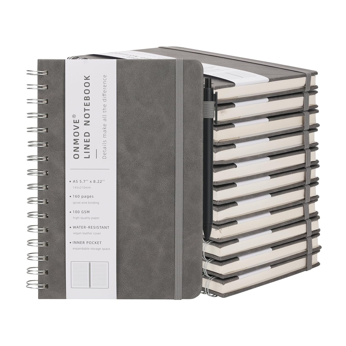 OnMove Spiral Notebooks Journal for Women Men 12 Pack Bulk Leather Hardcover with Pen Holder A5 160 Pages 100 GSM Thick Paper for Work School Lined Gray