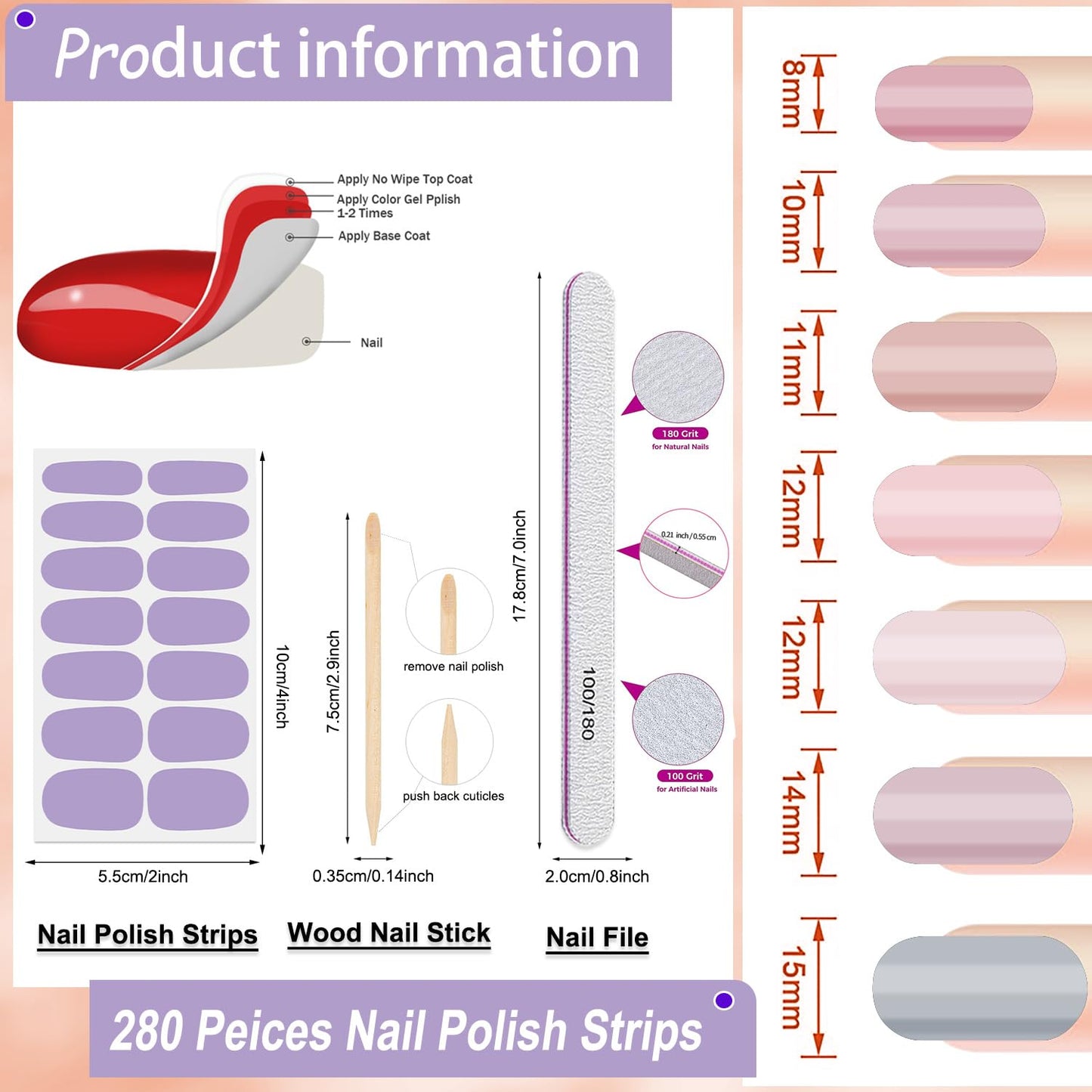 DANNEASY 20 Sheets Nail Stickers Full Nail Wraps Light Solid Color Nail Polish Strips for Women Gel Nail Strips Self-Adhesive Fingernails Manicure Sticker Nail Art with Nail File, Cuticle Stick