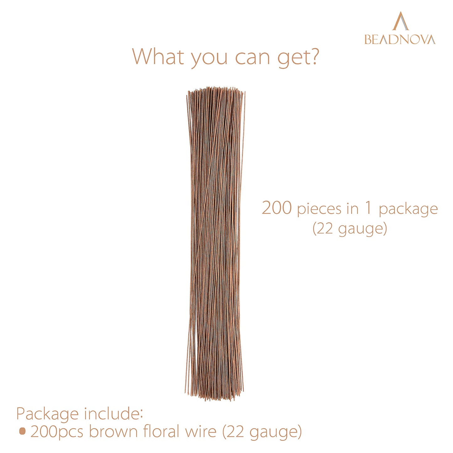 BEADNOVA Fake Flower Stems 200pcs 22 Gauge Floral Wire Stems Flower Wire for Crafts Arrangement Florist DIY Bouquet (Brown, 200 Pcs)