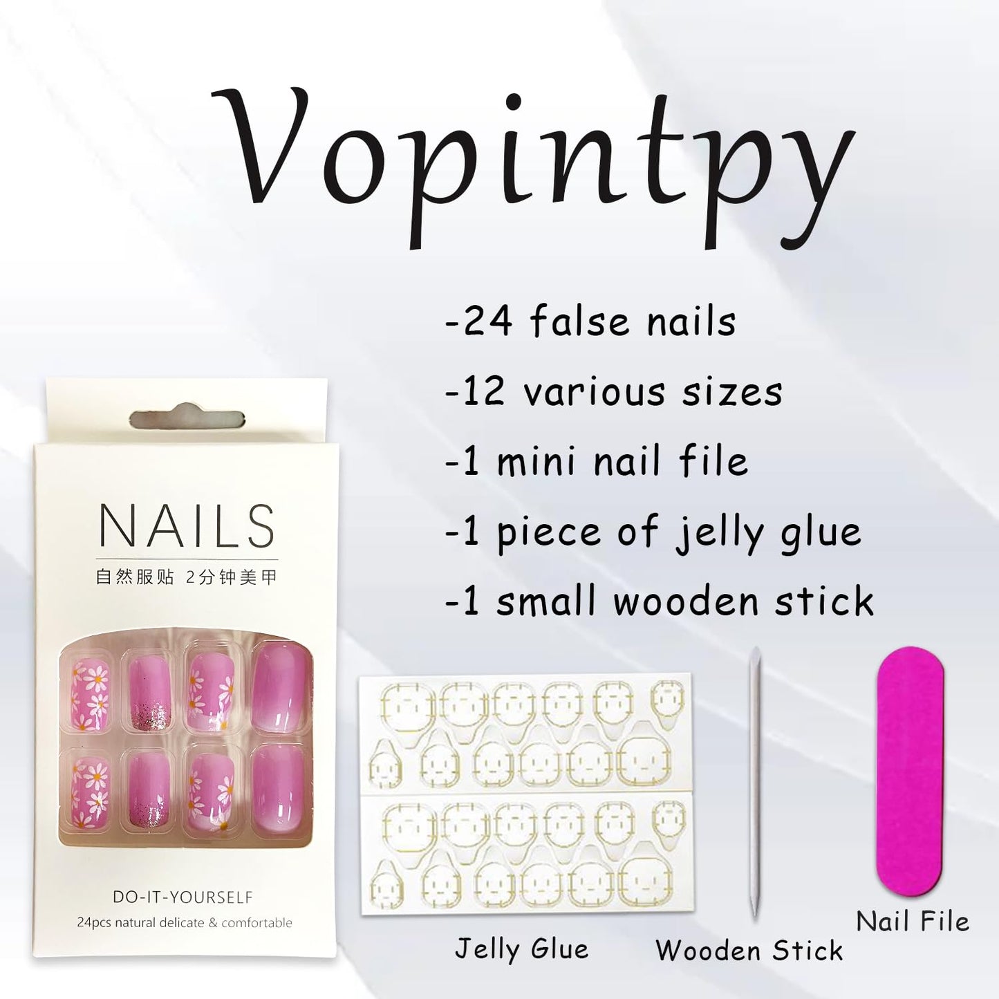 White Flower French Tip Press on Nails Square Medium Length Fake Nails Pink Gradient False Nails with Glitter Design Glossy Full Cover Artificial Nails Reusable Stick on Nails Glue on Nails for Women