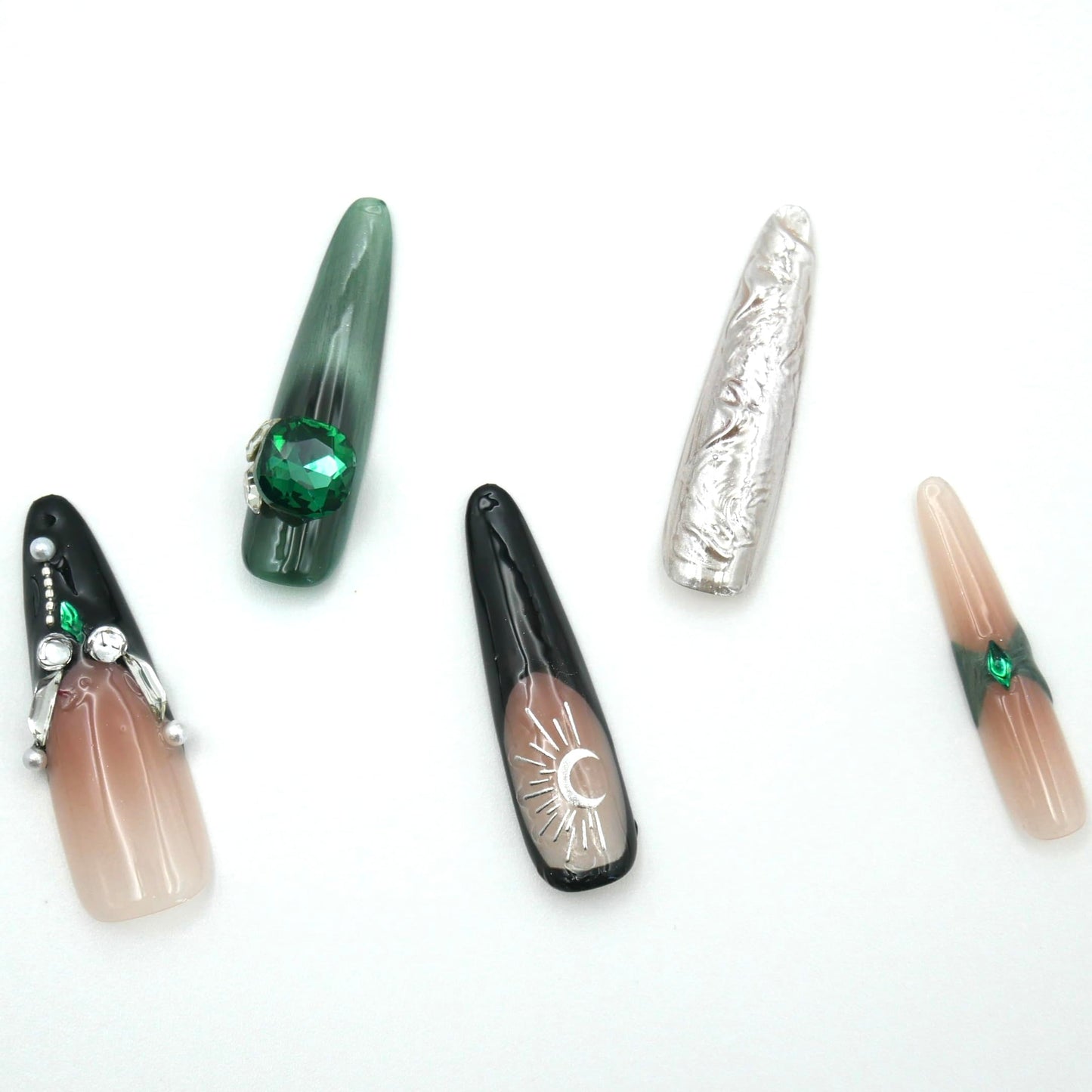 Long Coffin Style Press-on Nails Stiletto Fake Nails,design with 3D Moon, green and silver, Bling Glitter, Exaggerated decoration. 10Pcs Nail Kit for Women Girls Luxury Manicure.