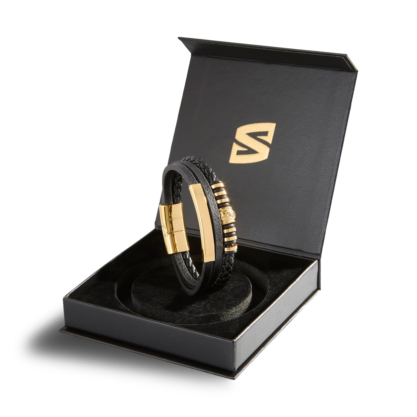 SERASAR Gold Bracelets for Men 17cm Bracelet Gift Box Genuine Leather Cowhide Braided Adjust Able Magnetic Clasp Multi Layer Wrap Rope Man Mans Male Band Jewelry Magnet Accessories