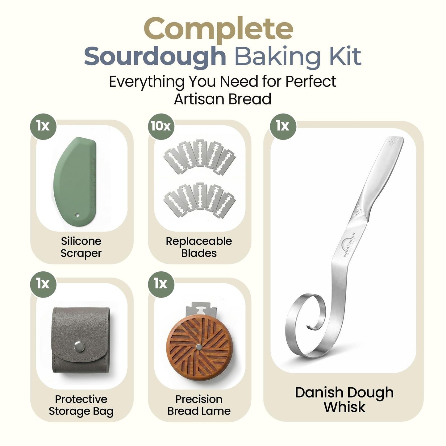 Sourdough Accessories | Seamless Danish Sourdough Bread Whisk, Silicone Dough Scraper & Sourdough Scoring Tool with 5 Blades + Storage Bag (Sourdough bread lame Kit) | Bread baking supplies
