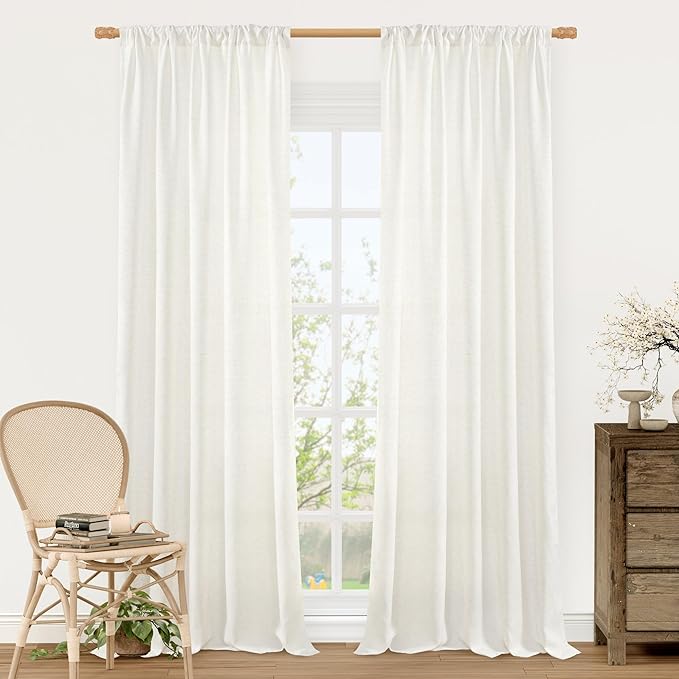 LAMIT Linen Semi Sheer Curtains 84 inch Long 2 Panels, Natural Ivory Soft Light Filtering Living Room Panels Rod Pocket Neutral Window Treatment Privacy Drapes for Bedroom/Farmhouse, 52 x 84 Inch