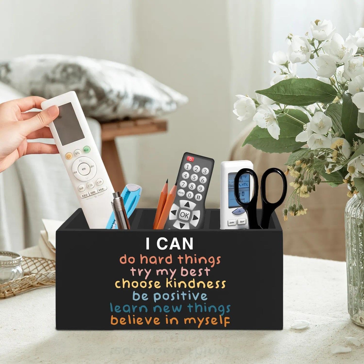 LIANGEAGOM Inspirational Pen Pencil Holder Organizer for Desk Accessories, Boho Classroom Decor, I Can Do Hard Things Motivational Wooden Box Signs Decorations for Counseling Office Desk Tabletop